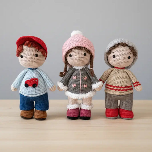 Three crochet dolls in winter outfits, standing side by side on a wooden surface