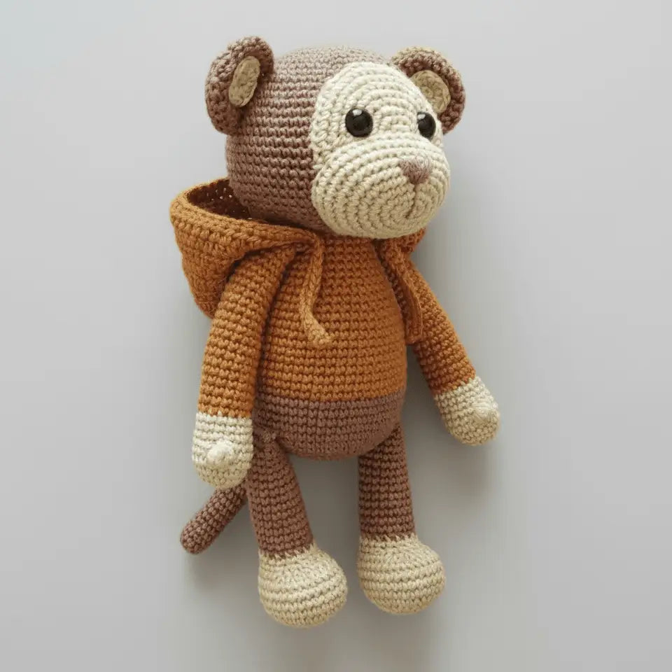 Crocheted teddy bear in brown and cream, wearing an orange scarf