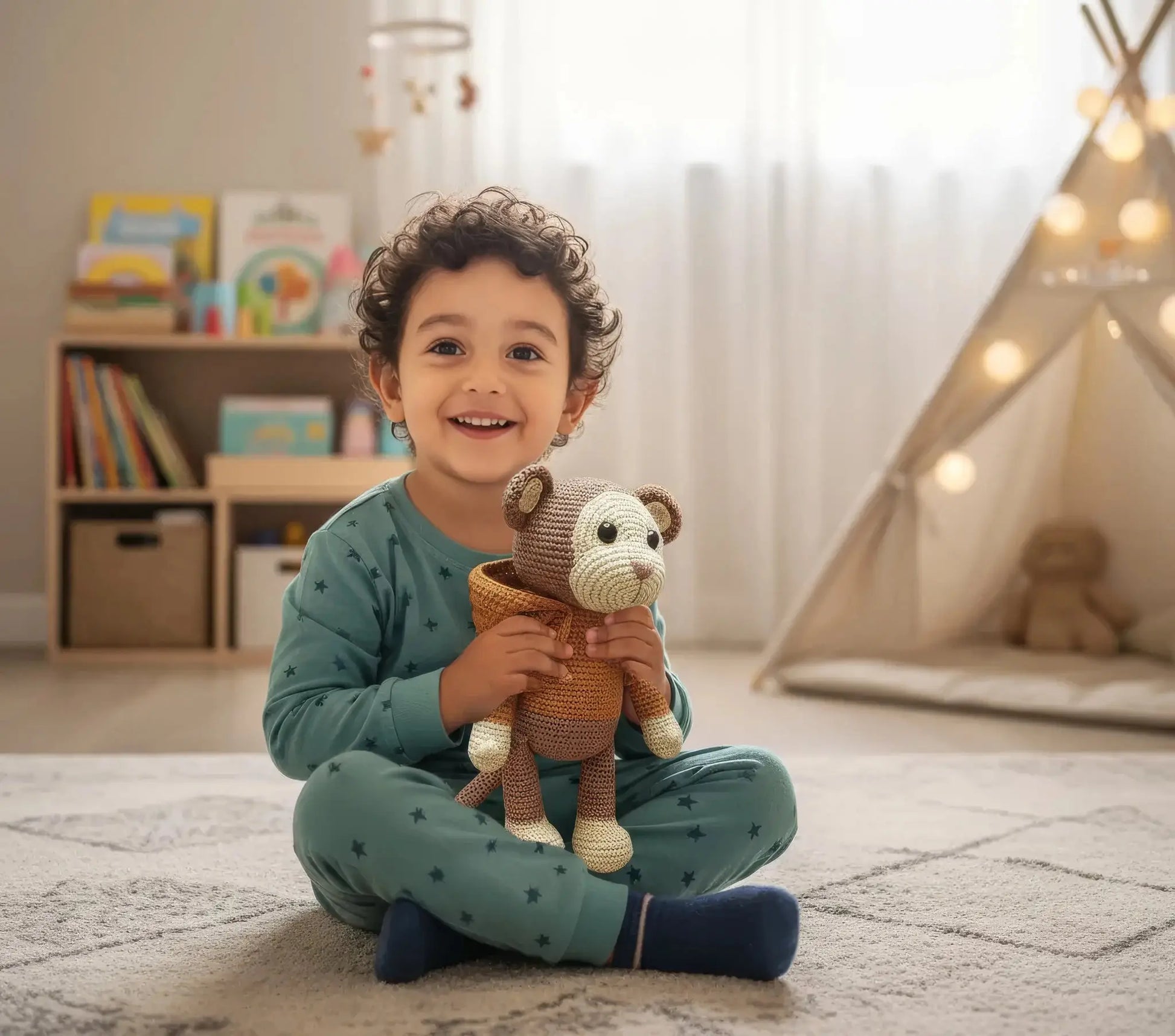 Smiling child in green pajamas holding crocheted monkey, sitting near teepee and bookshelf