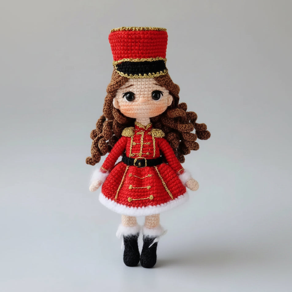 Crocheted doll in red military-style uniform with curly hair and gold trim