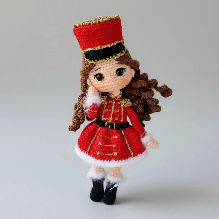 Crocheted doll in red military-style uniform with curly hair and gold trim