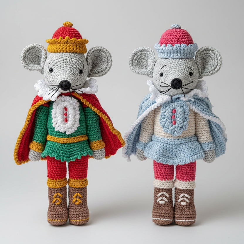 Two crochet mice dolls in colorful medieval costumes with capes and crowns, standing together.