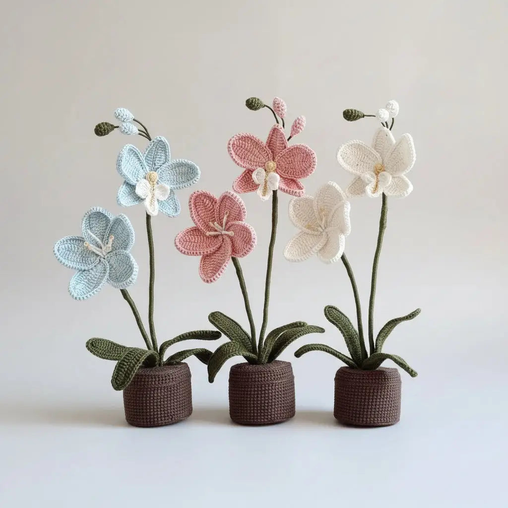 Three crocheted orchids in blue, pink, and white, potted in textured brown containers.
