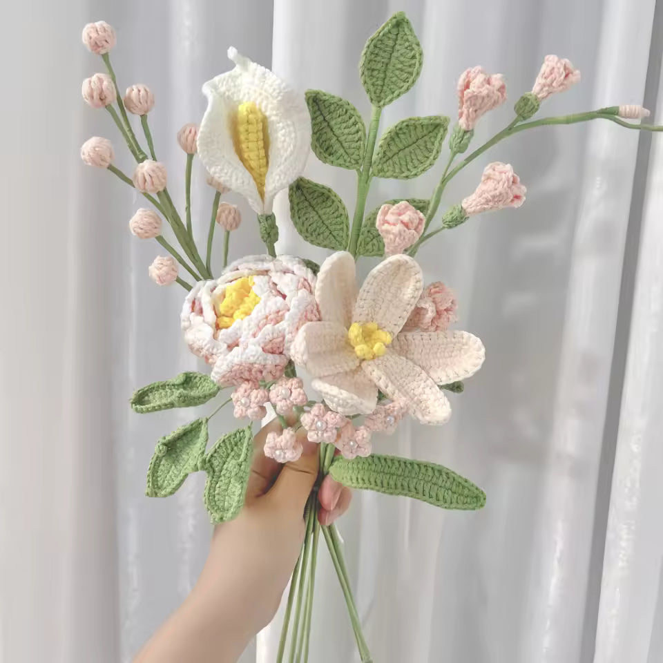 Detailed close-up of Handmade Crochet Peony & Mixed Flower Bouquet showcasing its charming design and textures.
