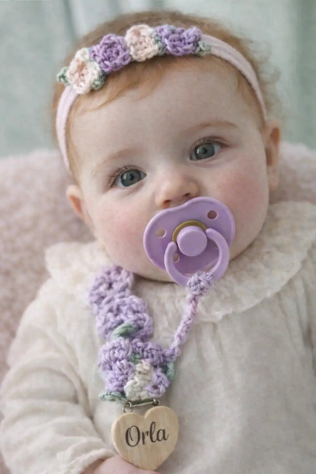 Handmade Crochet Purple Dummy Clip & Hair Band Set  Joy Gift London