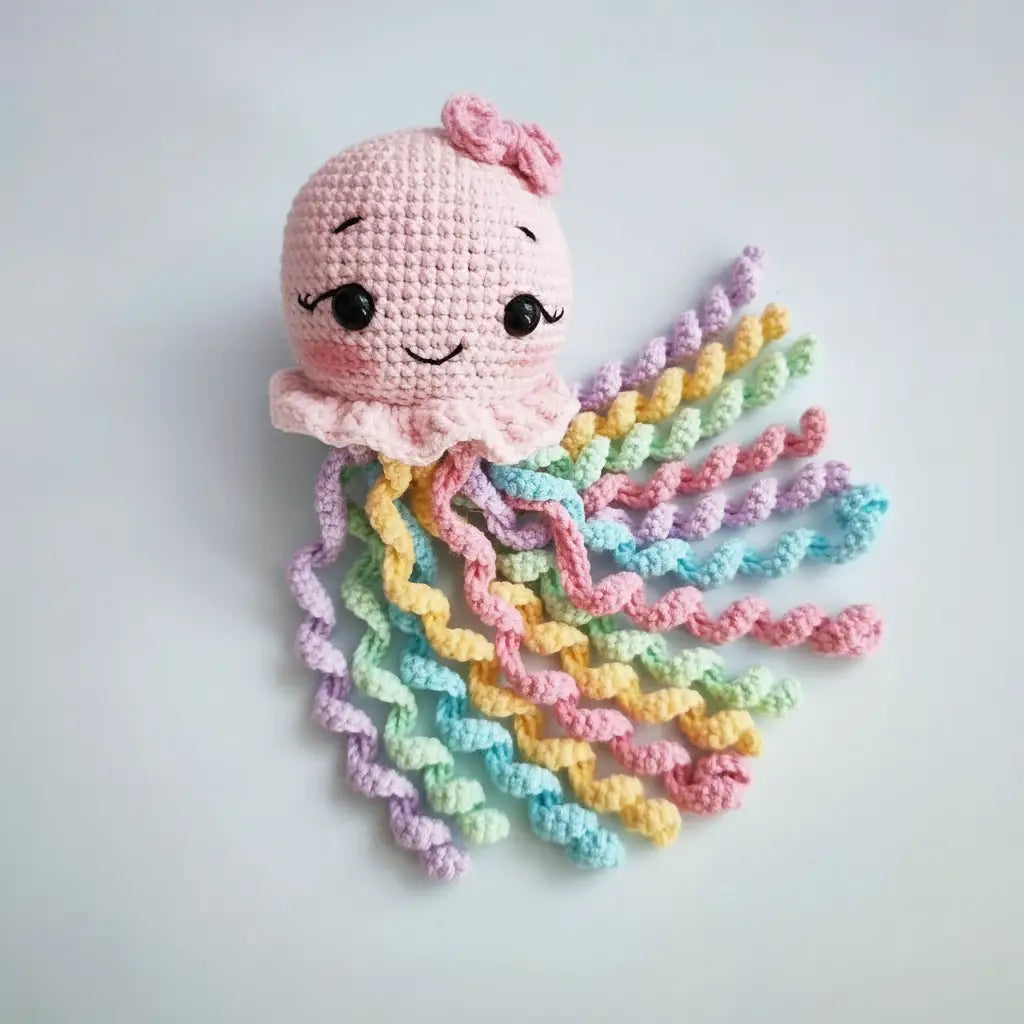 Crocheted pastel jellyfish with curly rainbow tentacles and cute smiling face