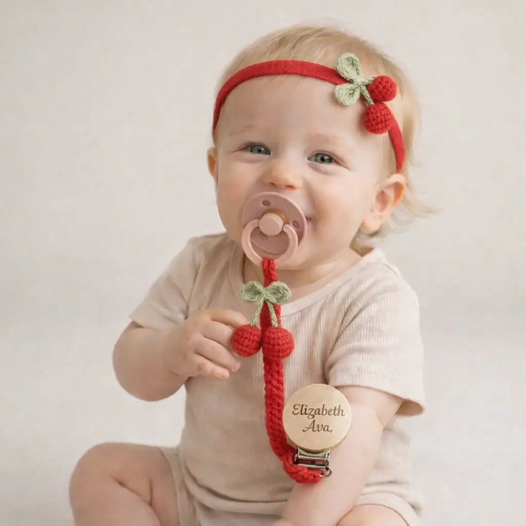 Handmade Crochet Red Cherry Dummy Clip & Hair Band Set – Personalised Handmade Baby Gift  Joy Gift London