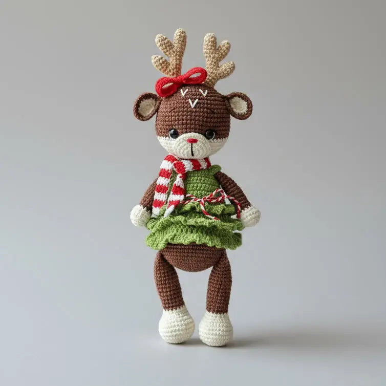 Crocheted reindeer doll in festive green dress, red scarf, and antler bow