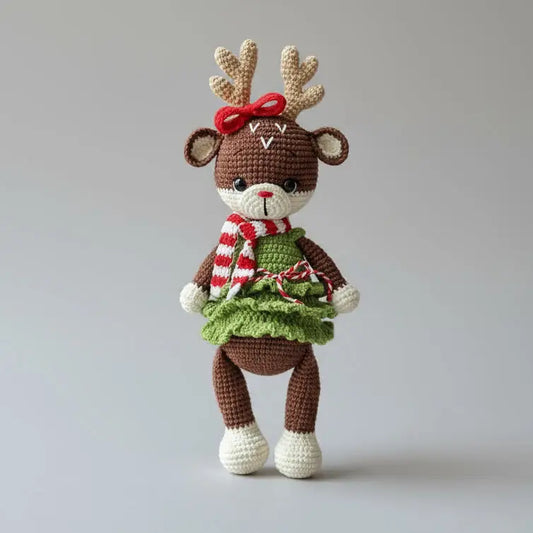 Crocheted reindeer doll in festive green dress, red scarf, and antler bow