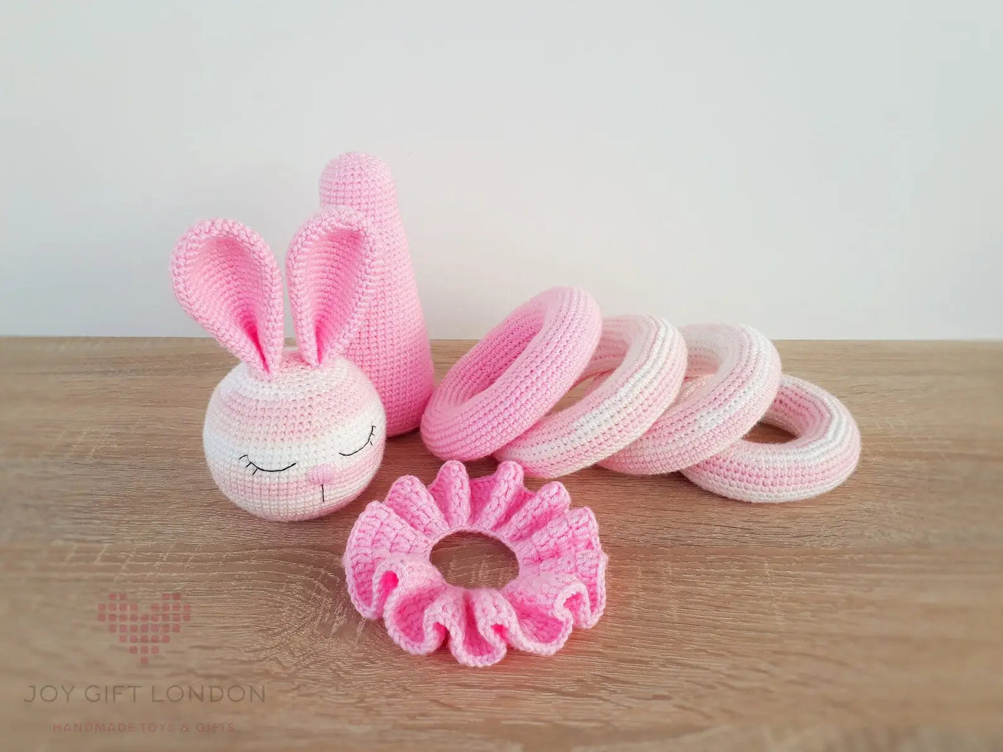 Handmade Crochet Ringstacker - Cute Pink Rabbit Stacking Toy  Joy Gift London