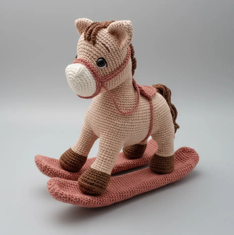 Crocheted rocking horse in soft beige and pink, sitting on curved base