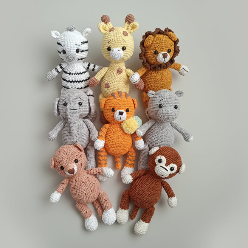 Handmade Crochet Safari Animals - Zebra, Elephant, Monkey, Tiger, Lion, Giraffe, Hippo, Leopar  Joy Gift London