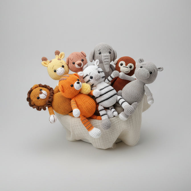 Handmade Crochet Safari Animals - Zebra, Elephant, Monkey, Tiger, Lion, Giraffe, Hippo, Leopar  Joy Gift London