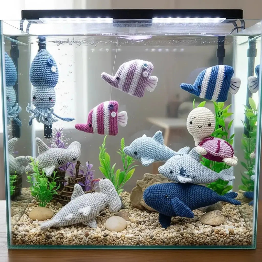 Crocheted sea creatures in a glass aquarium with gravel and plants, artfully arranged.
