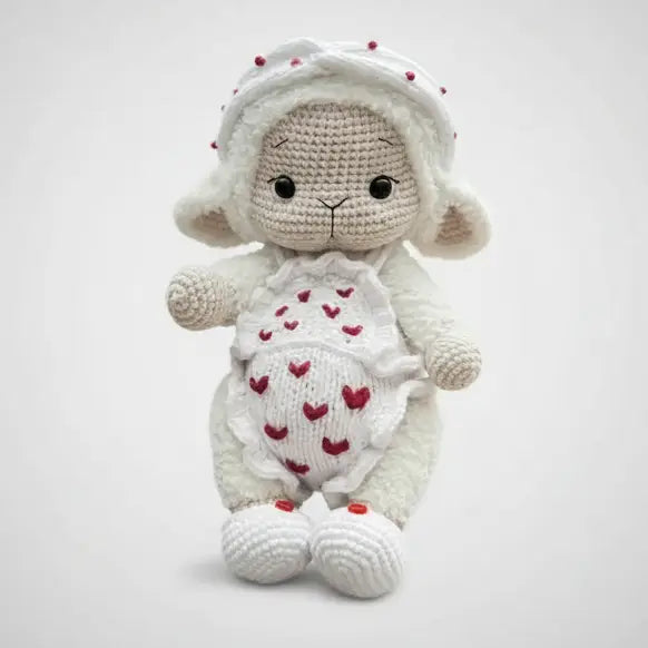 Handmade Crochet Sheep Toy in White Jumpsuit  Joy Gift London