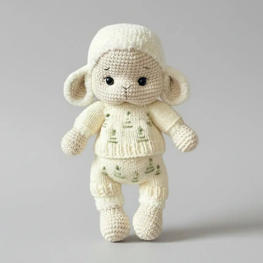 Crocheted lamb stuffed animal in cream and white with cute green details