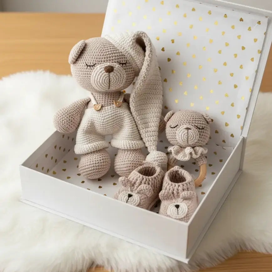 Handmade Crochet Sleeping Teddy Bear Toy Gift Set (3pc)  Joy Gift London