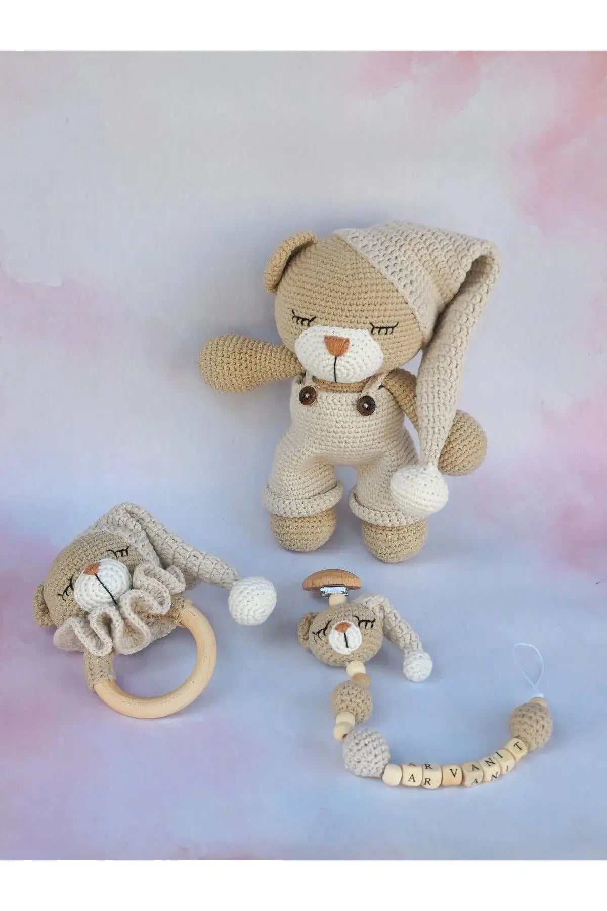 Handmade Crochet Sleeping Teddy Bear Toy Gift Set (3pc) - Personalised Dummy Clip TrendyToy