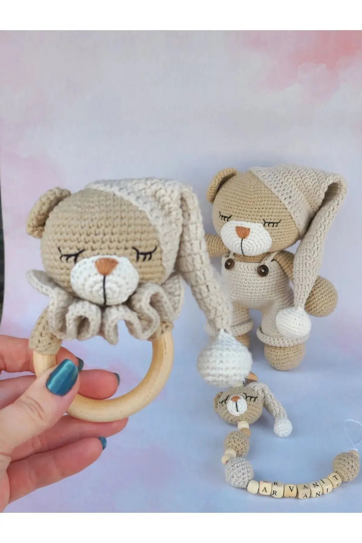 Handmade Crochet Sleeping Teddy Bear Toy Gift Set (3pc) - Personalised Dummy Clip TrendyToy