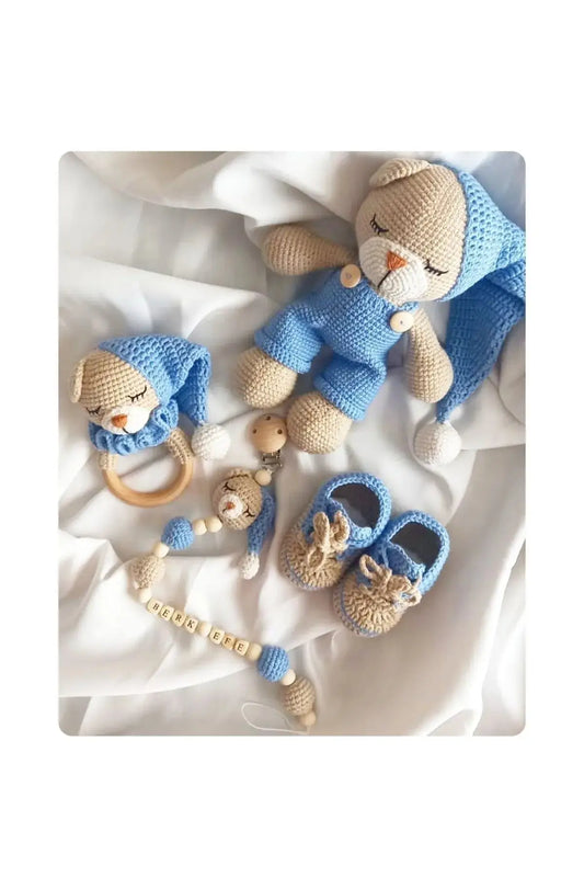 Handmade Crochet Sleeping Teddy Bear in Blue Jumpsuit Toy Gift Set (3pc) - Personalised Dummy Clip TrendyToy