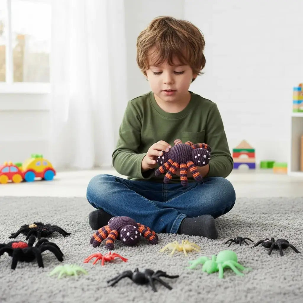Child sitting cross-legged, playing with knitted and plastic spiders on carpet near toy cars