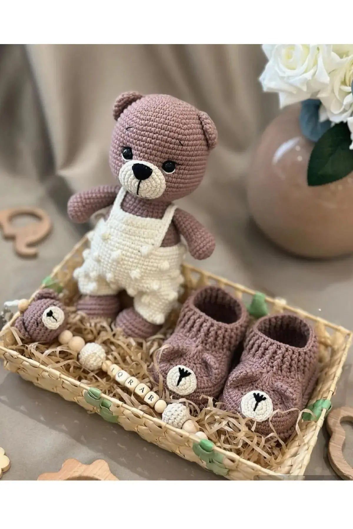 Handmade Crochet Teddy Bear Toy Gift Set (3pc) - Personalised Dummy Clip TrendyToy