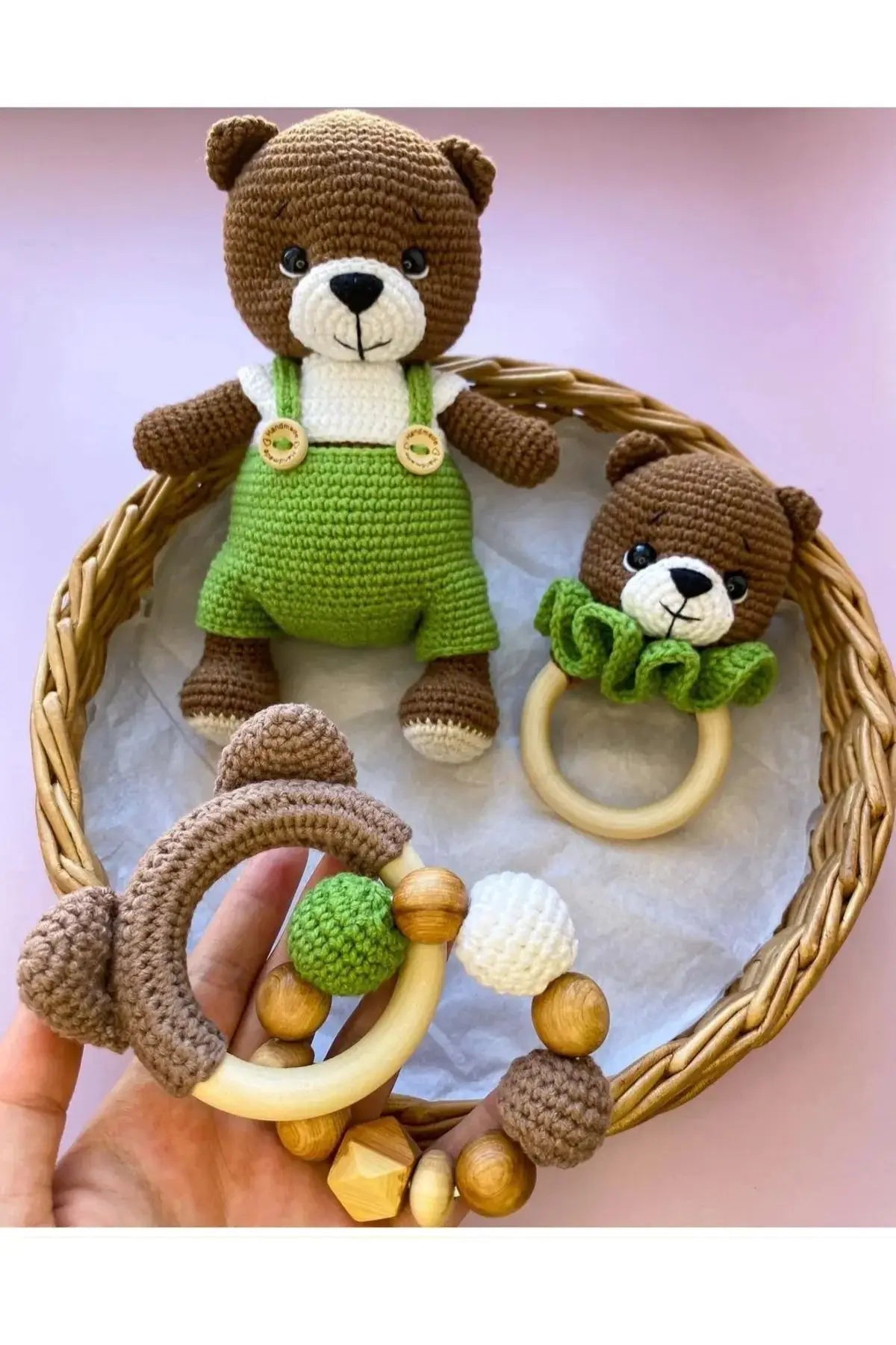 Handmade Crochet Teddy Bear in Green Jumpsuit Toy Gift Set (3pc) TrendyToy