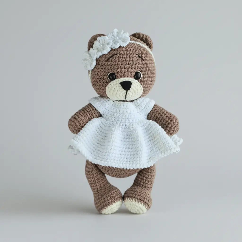 Crocheted teddy bear in white dress with flower headband, standing against gray background