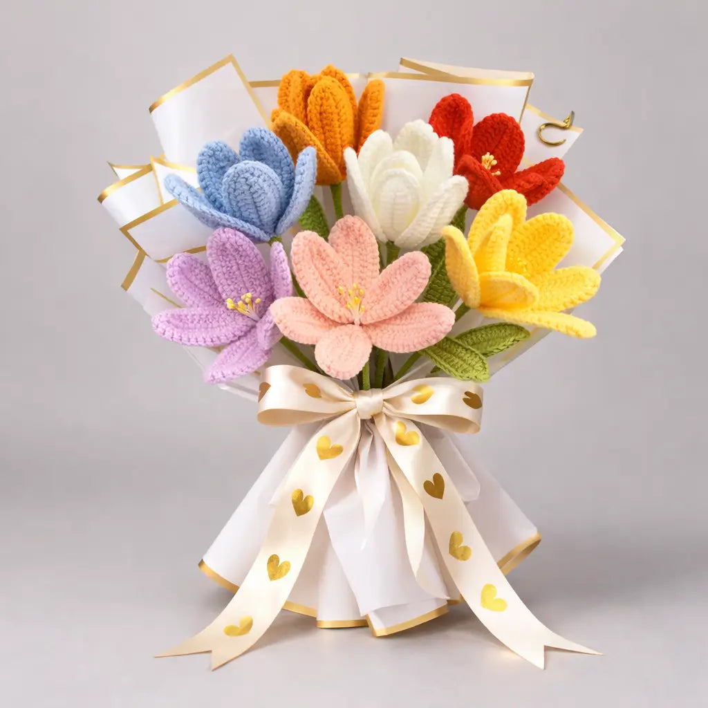 Handmade Crocheted Blooming 8pc Tulips Bouquet  Joy Gift London