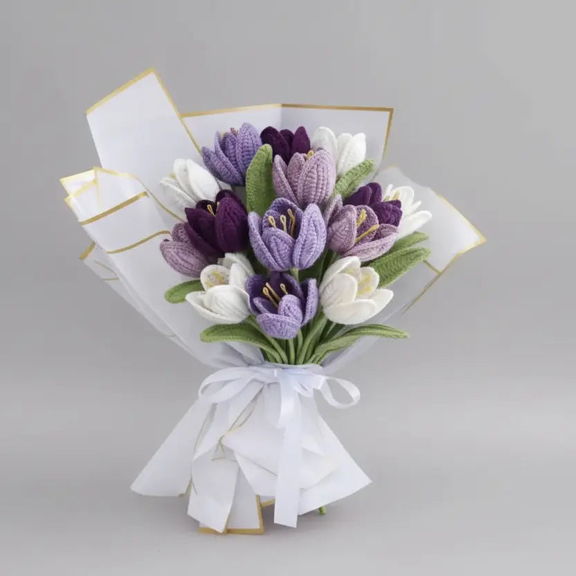 Handmade Crocheted Flowers Bouquet - Purple Tulips  Joy Gift London