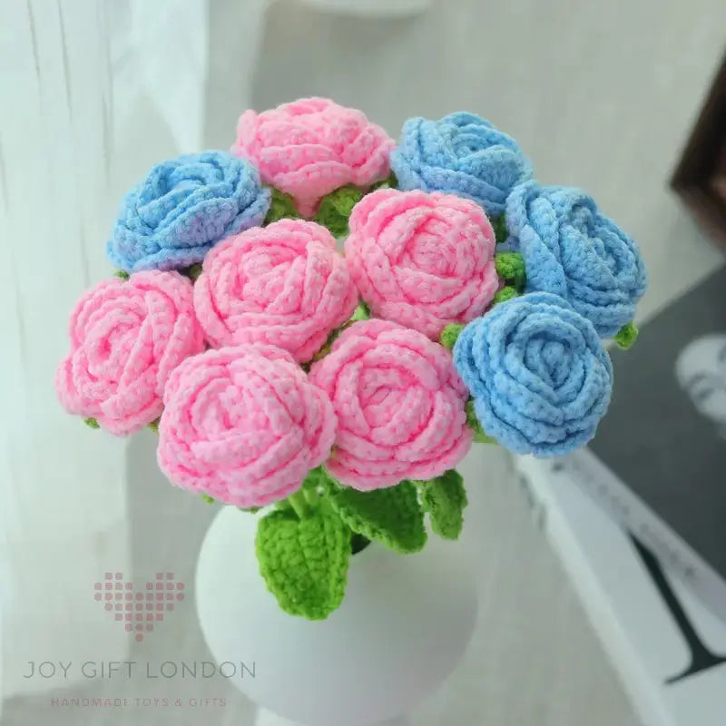 Handmade Crocheted Pink-Blue Rose Bouquet🌹💐 10pc Joy Gift London