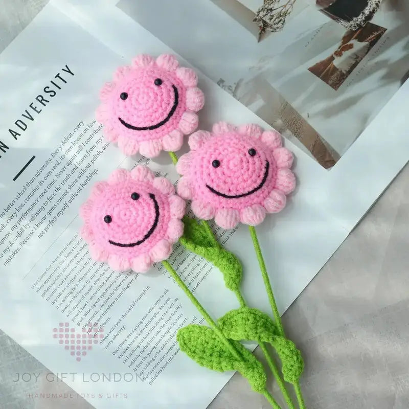 Handmade Crocheted Pink Smiling Sunflower Joy Gift London