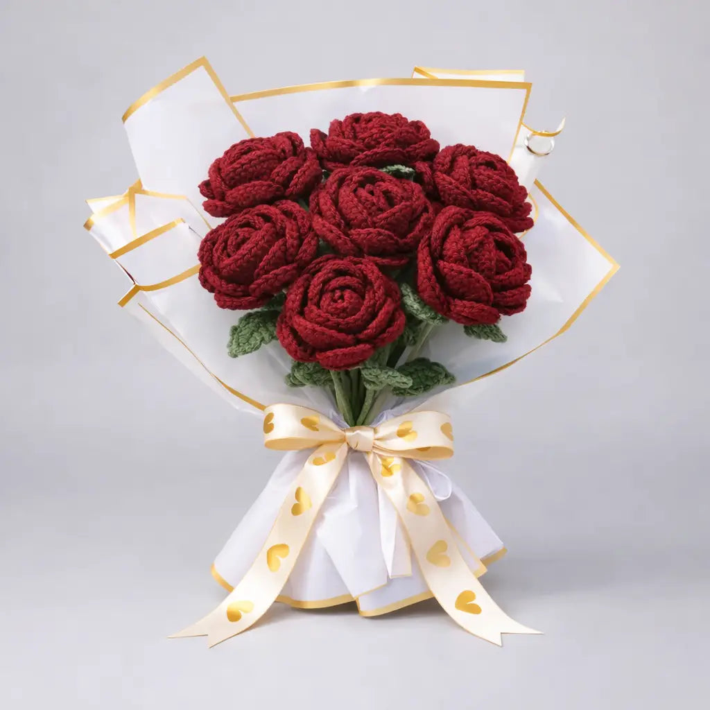 Handmade Crocheted Red Rose Bouquet - 7pc Roses  Joy Gift London