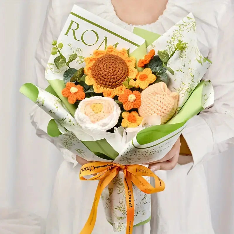 Handmade Crocheted Roses, Sunflowers & Tulips Bouquet Joy Gift London