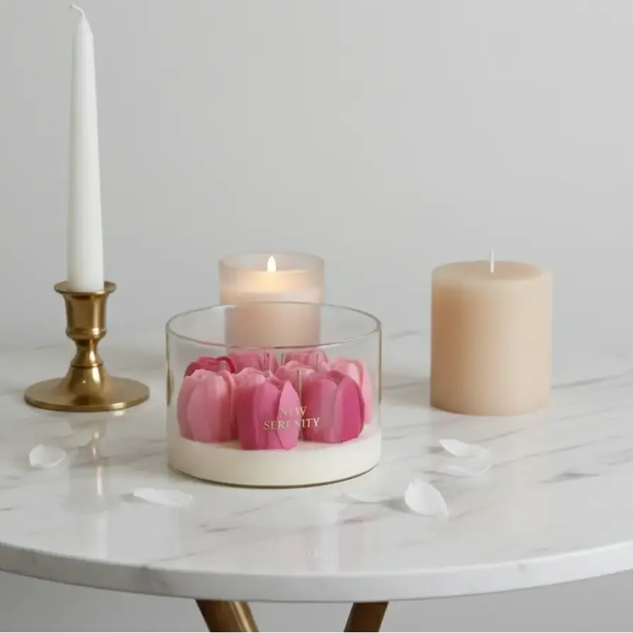 Candle holder with pink candles on a marble table