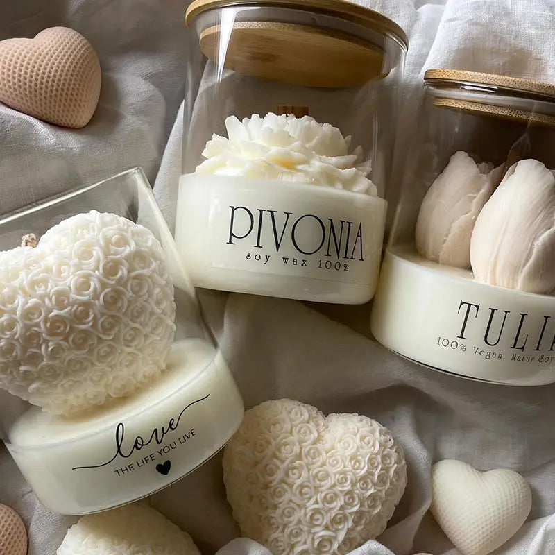 Handmade White Candle in Glass Jar – Personalised Message – Heart/Peony/Tulip  Joy Gift London