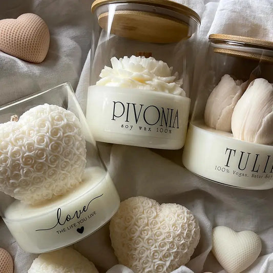 Handmade White Candle in Glass Jar – Personalised Message – Heart/Peony/Tulip  Joy Gift London