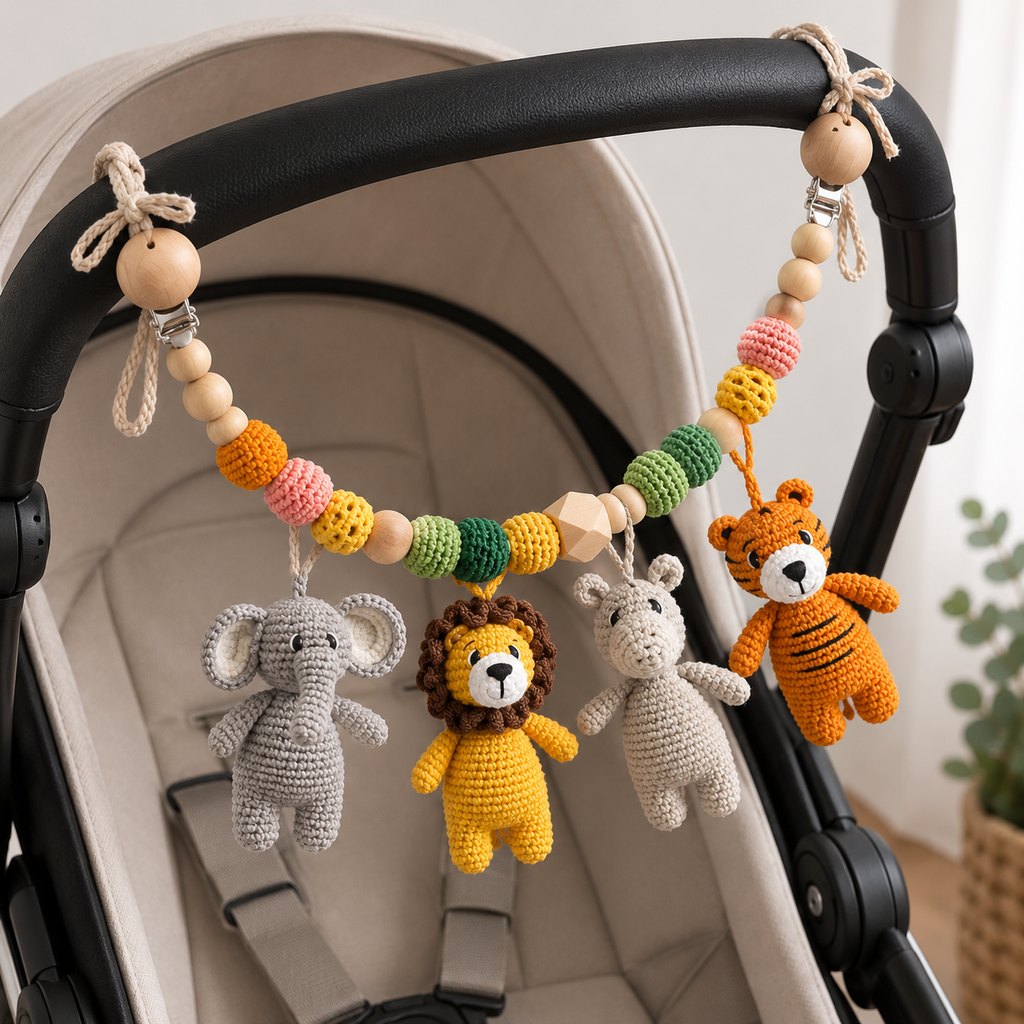 Crochet Safari Animals Car Seat Toy – Elephant, Lion, Hippo & Tiger Hanging Rattle