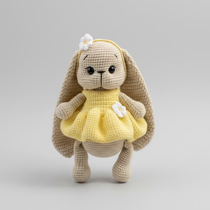 Handmade Crochet Long Ear Bunny Toy in Yellow Dress