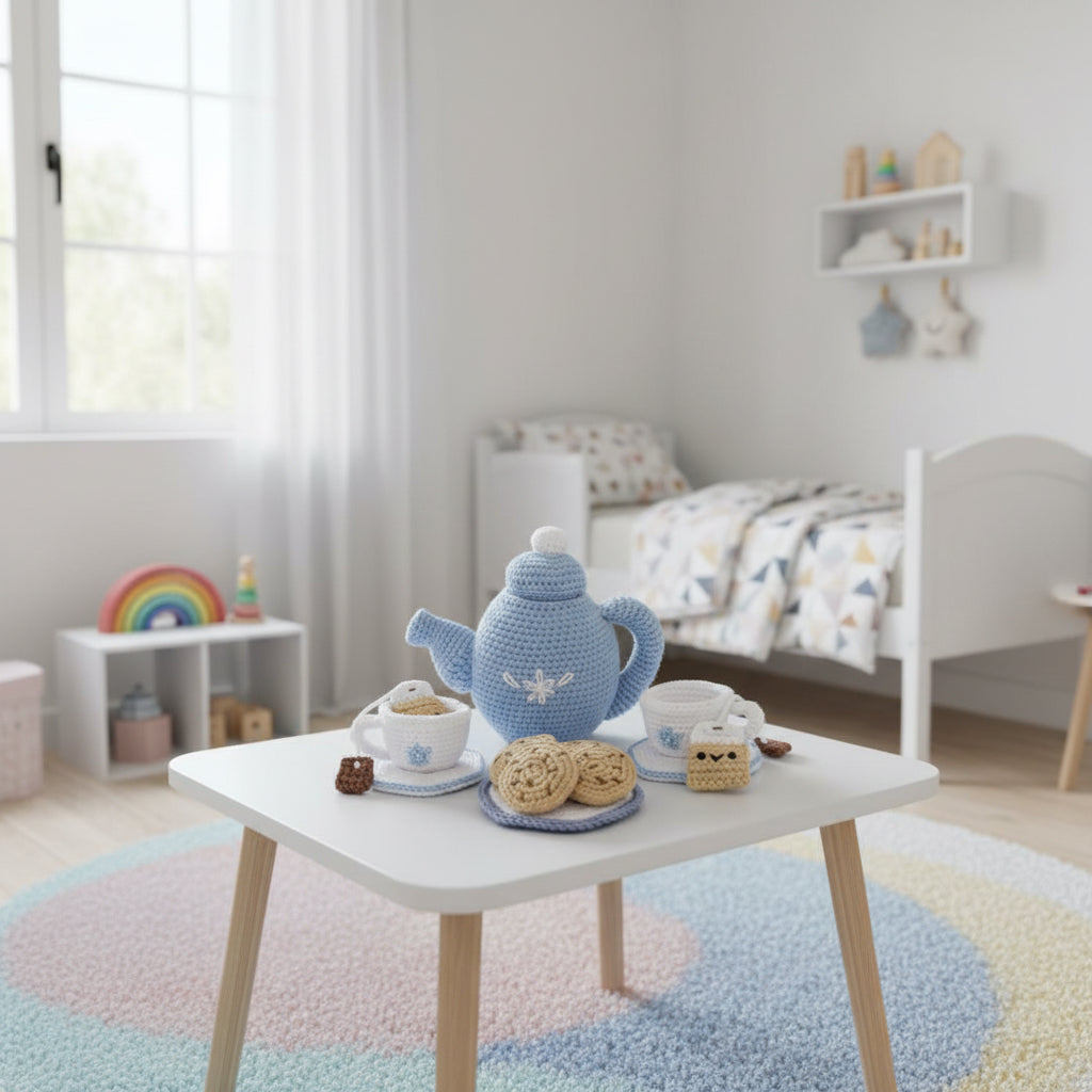 Handmade Crochet Tea Set for Kids – Teapot, Cups & Biscuits Pretend Play Tea Party Set (4+)