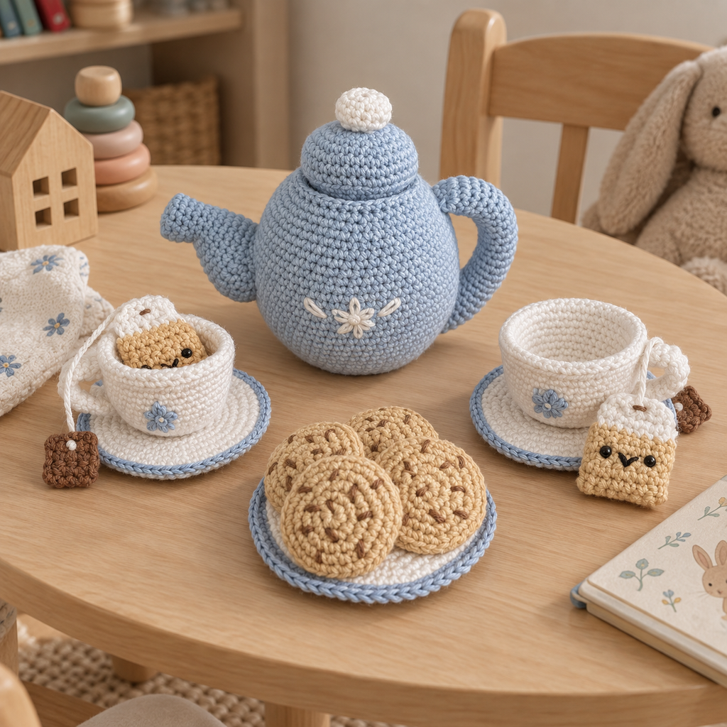 Handmade Crochet Tea Set for Kids – Teapot, Cups & Biscuits Pretend Play Tea Party Set (4+)
