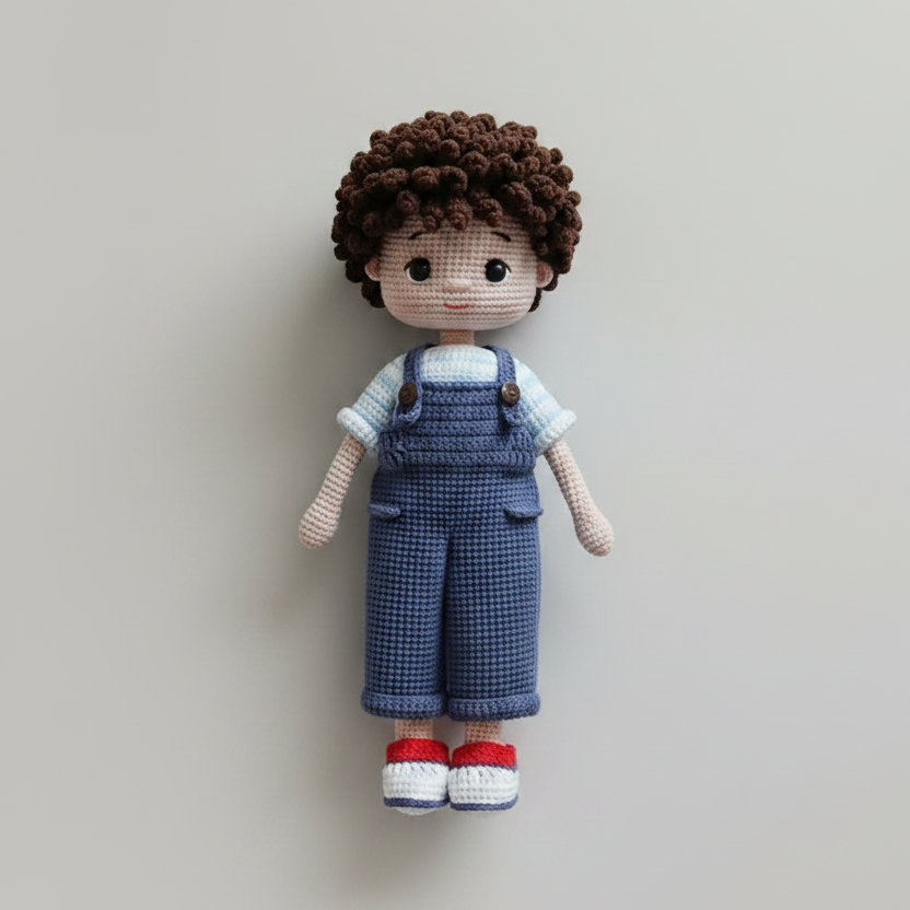 Handmade Crochet Doll in Blue Jumpsuit with Curly Hair