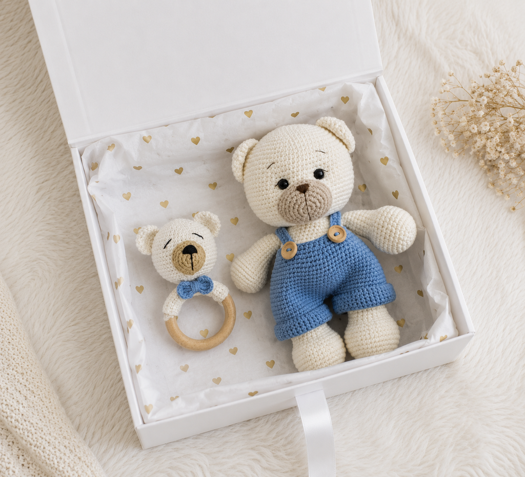 Crochet Cute White Teddy Bear Toy in Blue Jumpsuit and Rattle Toy Gift Set 2pc