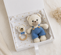 Crochet Cute White Teddy Bear Toy in Blue Jumpsuit and Rattle Toy Gift Set 2pc