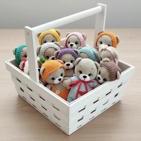 Crocheted teddy bears in colorful knitted hats nestled in a white woven basket