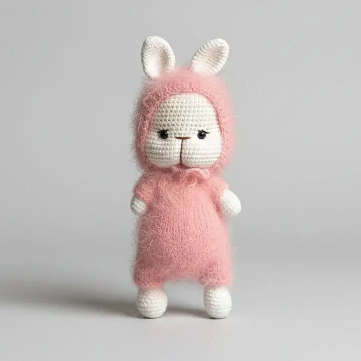 Crocheted pink bunny stuffed animal with fuzzy texture, standing upright