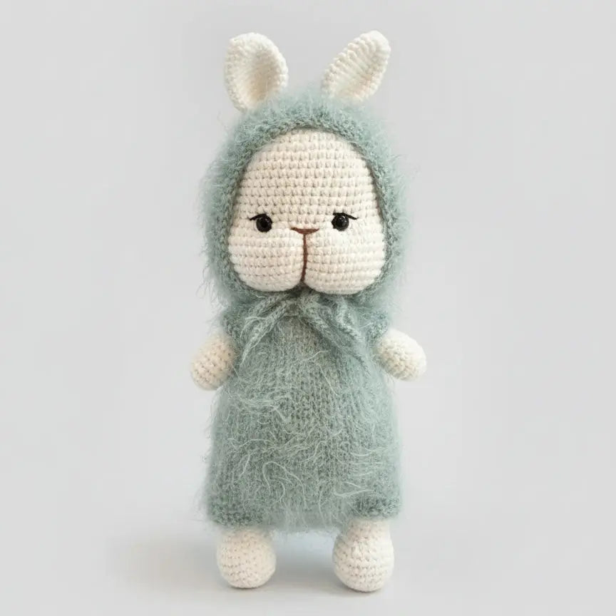 Crocheted bunny in sage green sweater and hood with bunny ears