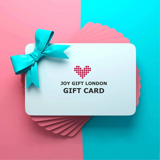 Joy Gift London gift card with teal bow on pink and blue background