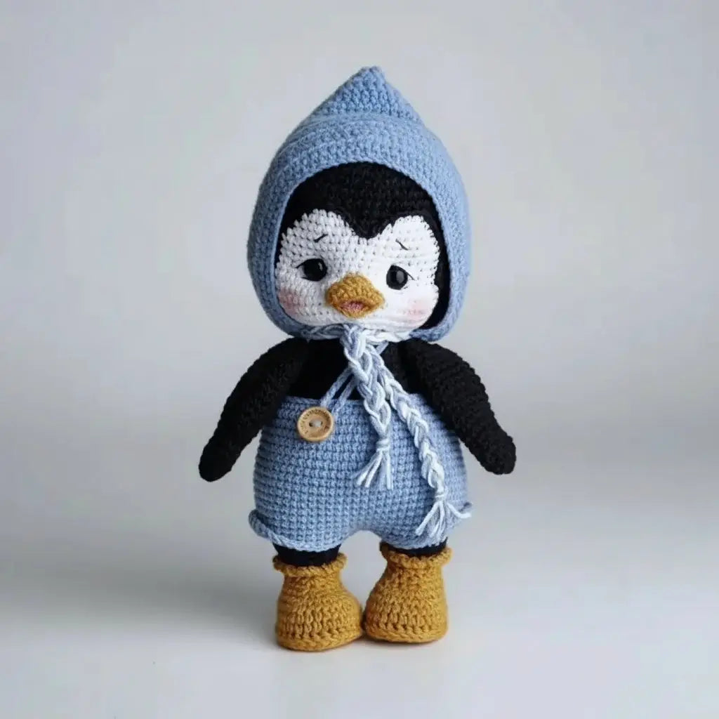Crocheted penguin toy with a blue hood and outfit on a light gray background