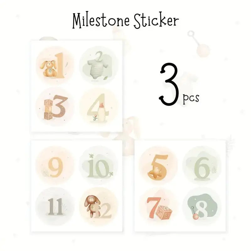 Soft-colored milestone sticker set with numbers 1-11, featuring cute illustrations like toys and baby blocks in pastel tones